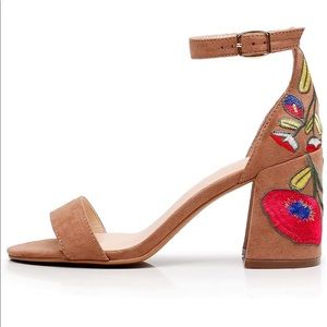 NWOT Nude Block Ankle Strap Heels with Floral Embroidery